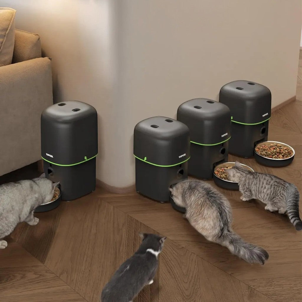 Plusieurs distributeurs de croquettes connectés noirs Esprit Chat avec caméra HD pour nourrir des chats dans un salon