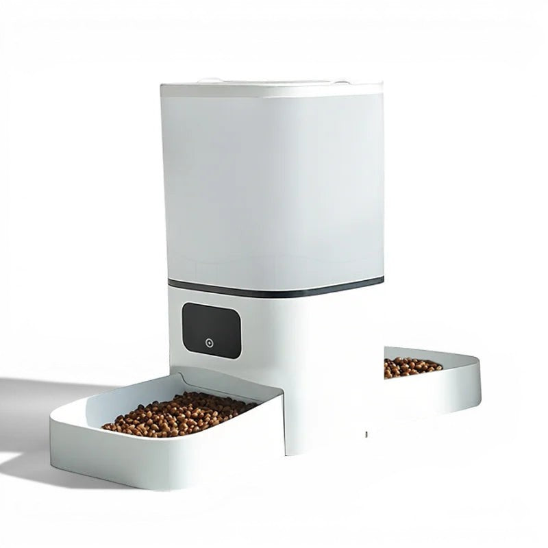 Distributeur de croquettes automatique double Esprit Chat en plastique blanc avec deux gamelles pour deux chats