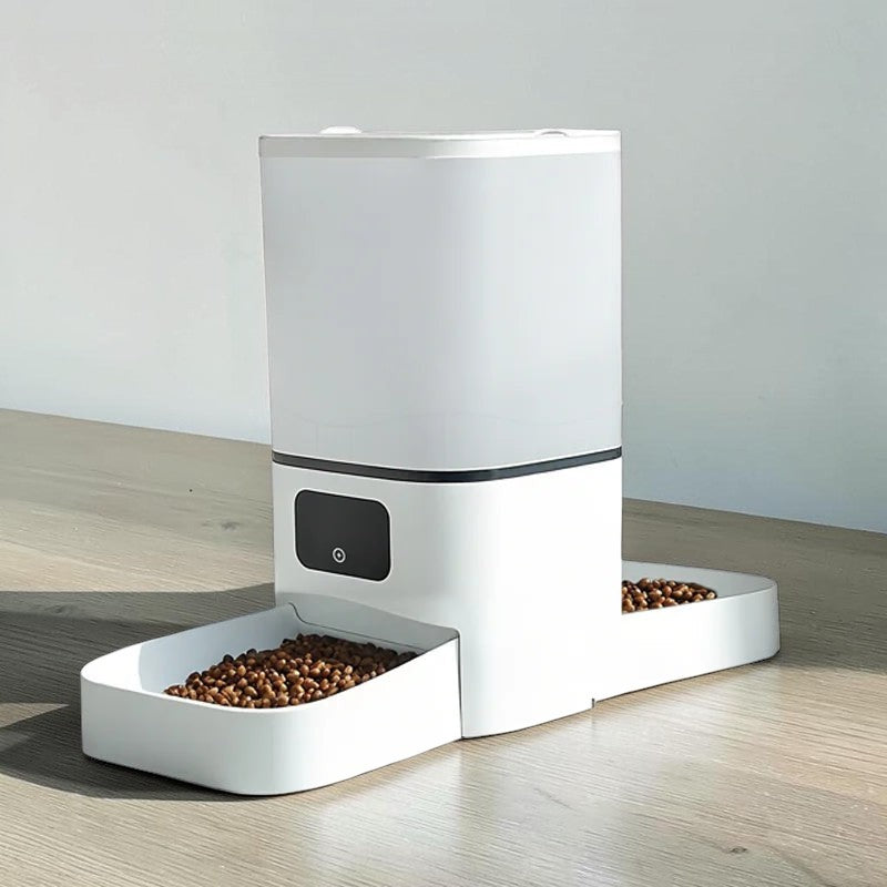 Distributeur de croquettes Esprit Chat double automatique en plastique blanc avec deux gamelles pour chats