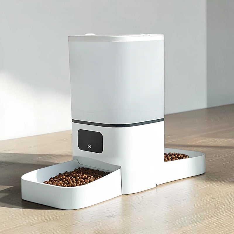 Distributeur de croquettes automatique double Esprit Chat en plastique blanc avec deux gamelles pour chats
