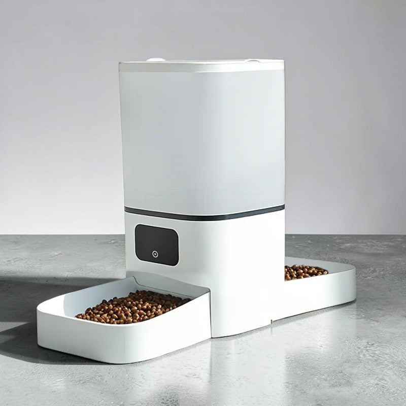 Distributeur de croquettes automatique double Esprit Chat en plastique blanc avec deux bols pour chats