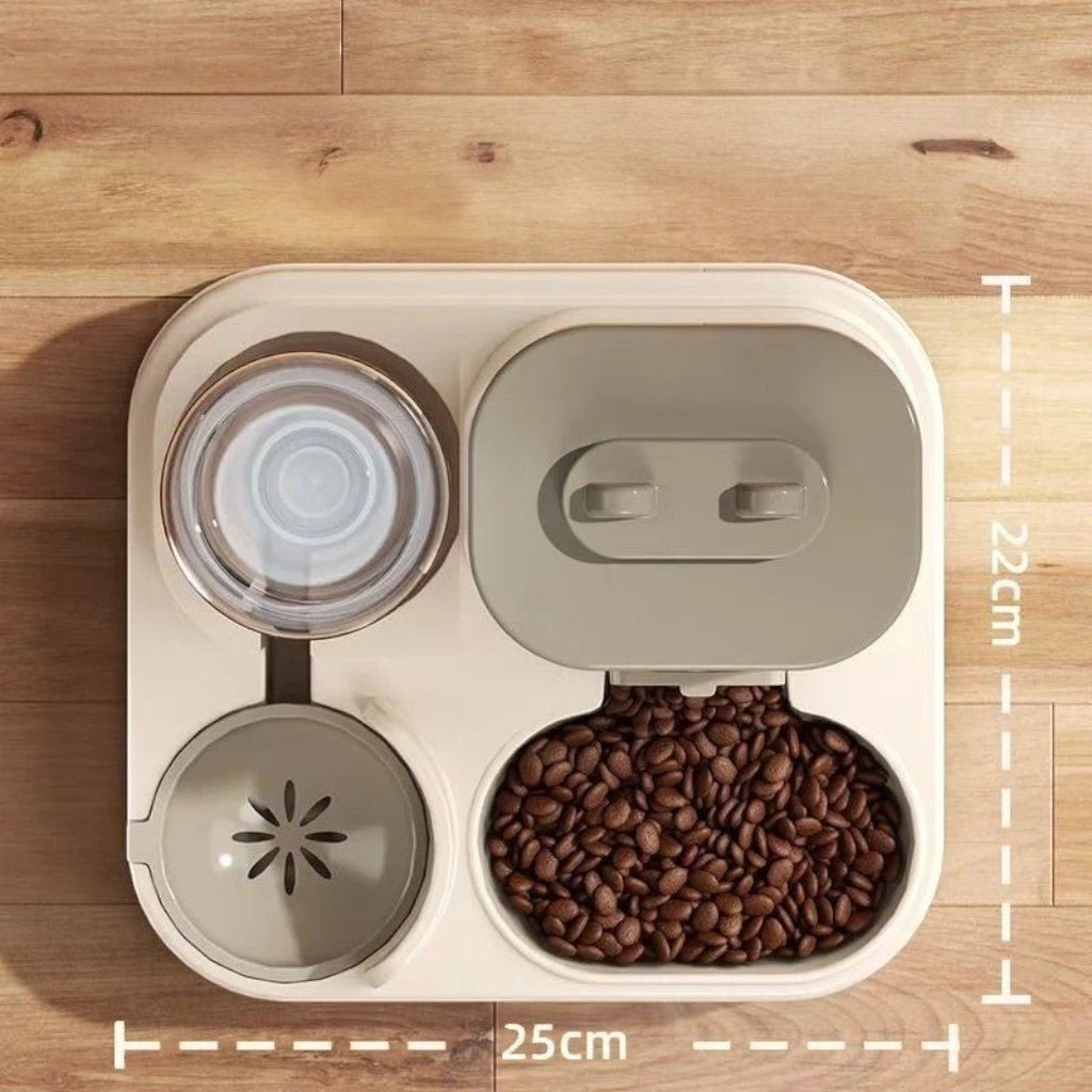 Distributeur de croquettes et eau 2 en 1 Esprit Chat en plastique beige avec bol amovible pour chat et chien