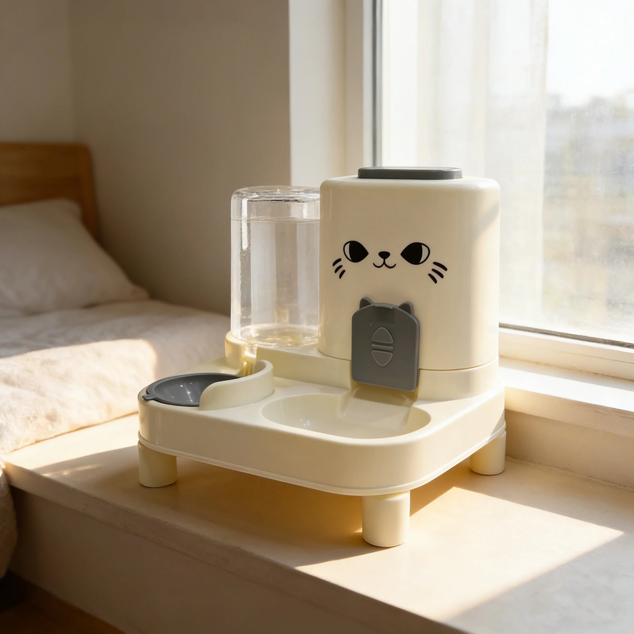Distributeur de croquettes et eau Esprit Chat en plastique beige avec design de visage de chat surélevé