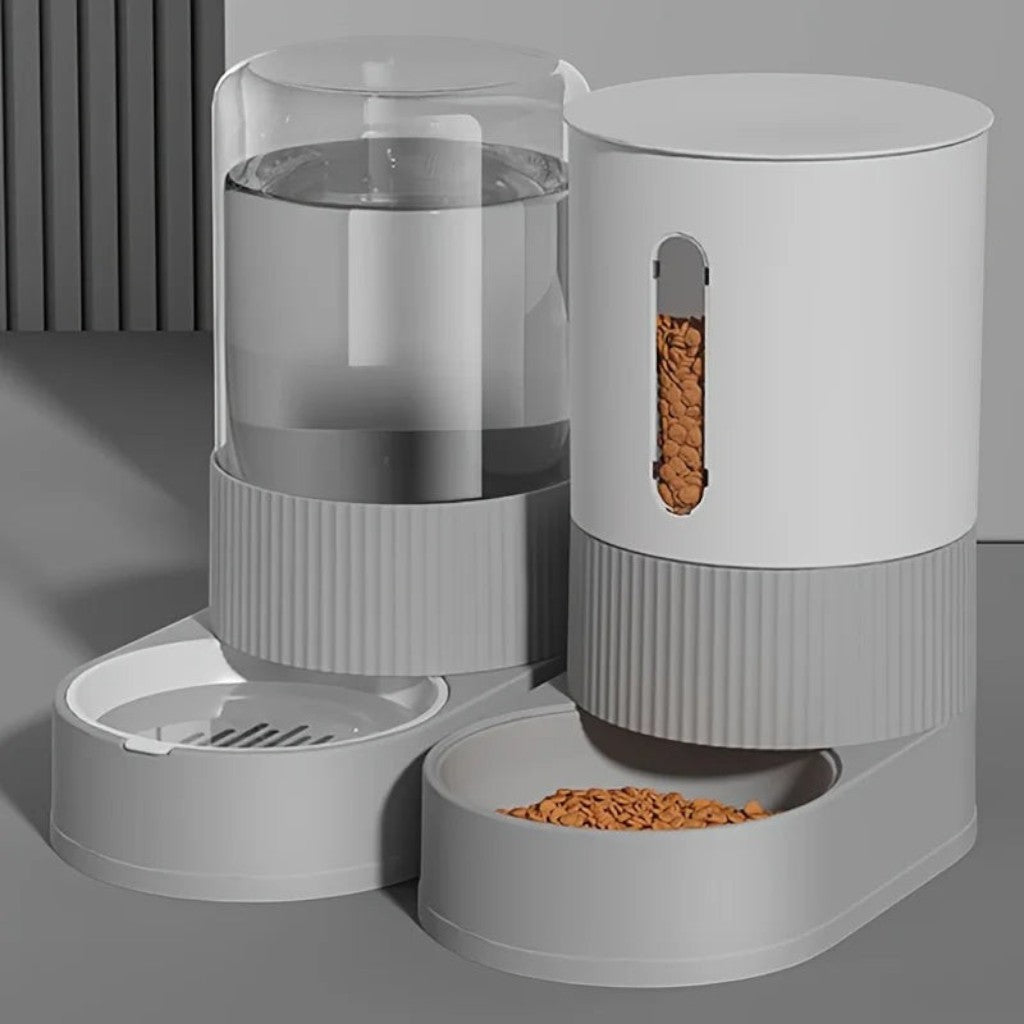 Distributeur Esprit Chat 2-en-1 avec réservoir d'eau et de croquettes en plastique gris moderne