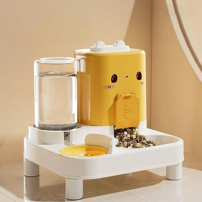 Distributeur de croquettes et eau Esprit Chat jaune et blanc en plastique avec design mignon pour chat