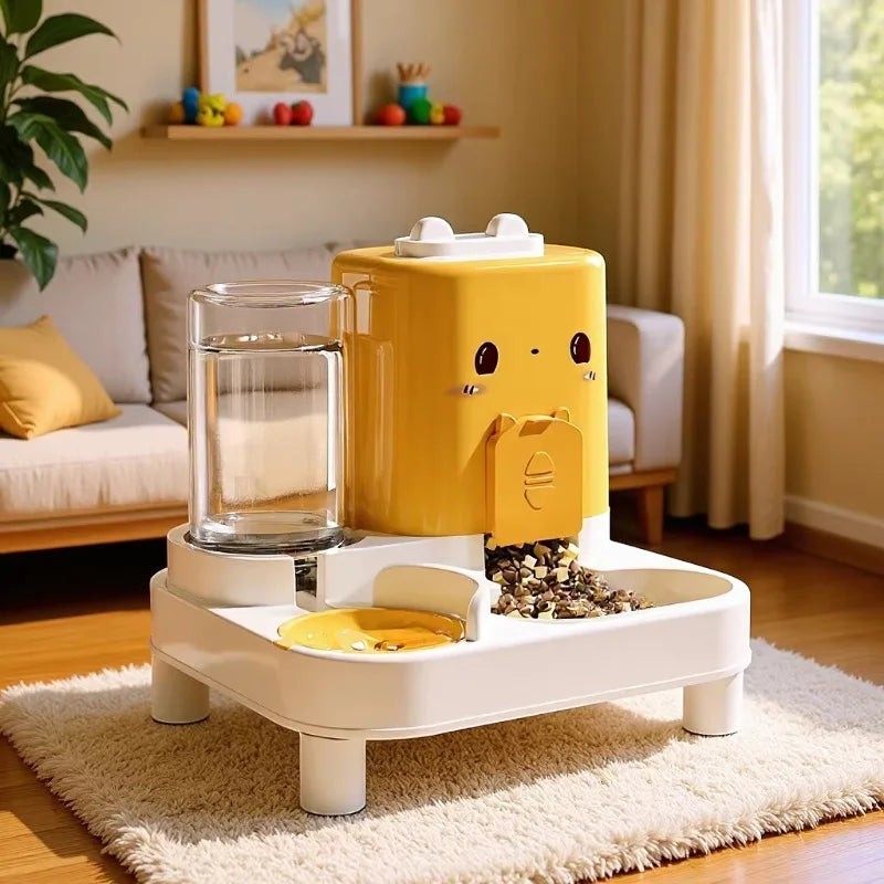 Distributeur de croquettes et eau Esprit Chat jaune et blanc surélevé pour chat en plastique dans un salon
