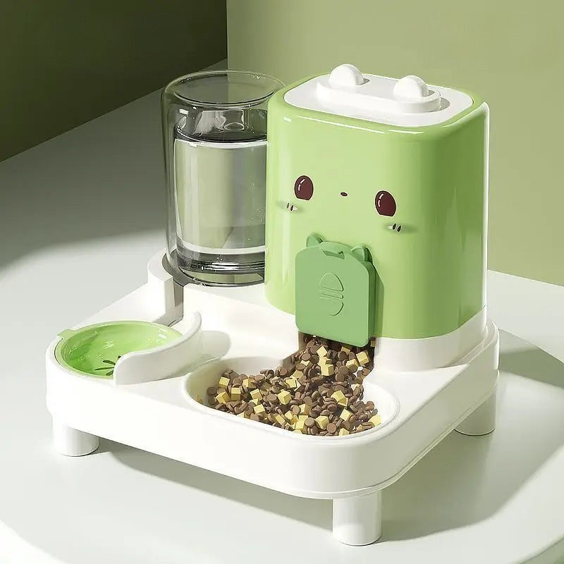 Distributeur Esprit Chat vert et blanc avec bol de nourriture et réservoir d'eau pour chat en plastique