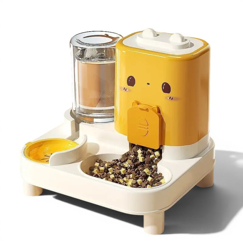 Distributeur de croquettes et eau Esprit Chat jaune et blanc en plastique avec design mignon pour chat