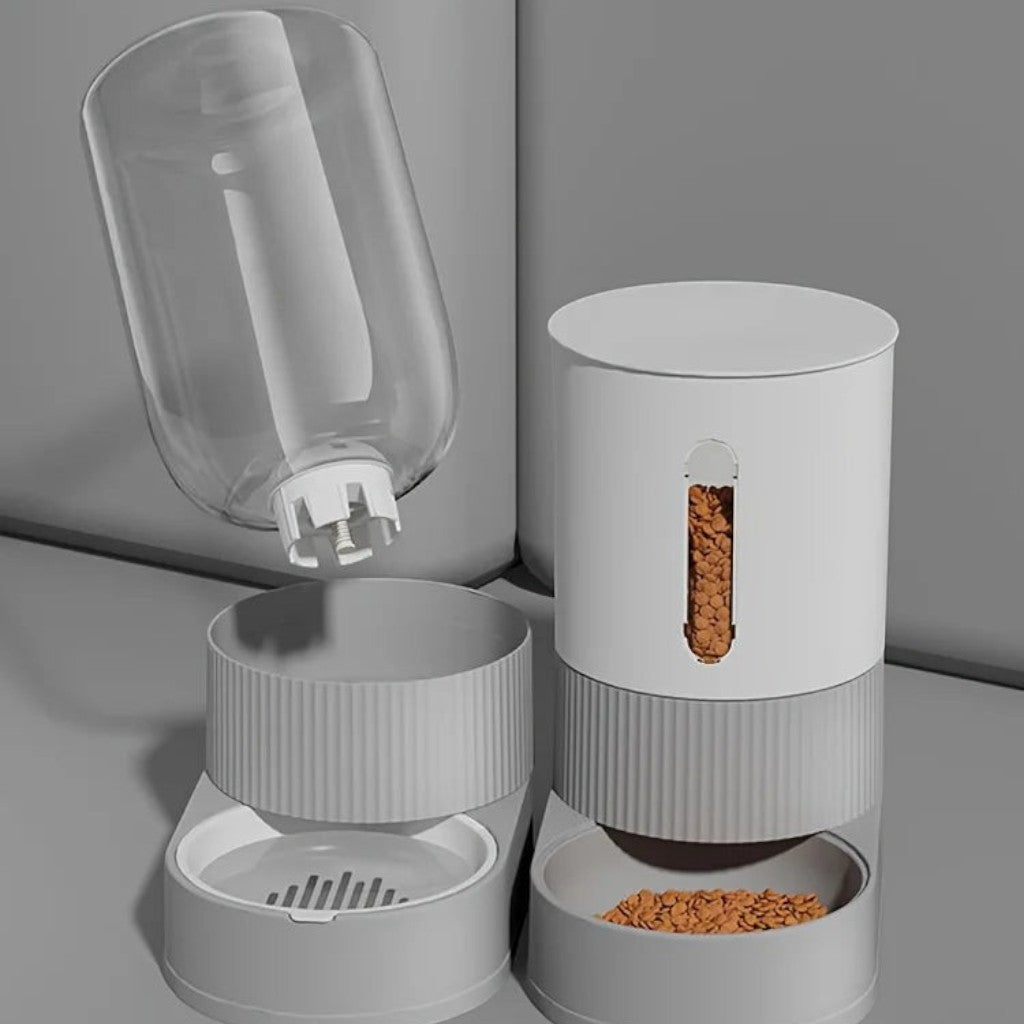Distributeur de croquettes et eau par gravité Esprit Chat en plastique gris avec réservoirs transparents