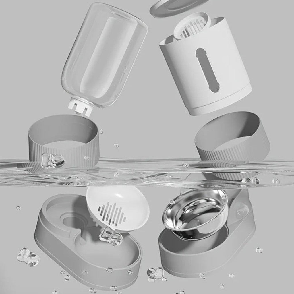 Distributeur Esprit Chat 2-en-1 pour croquettes et eau, en plastique, design modulaire pratique pour chats.