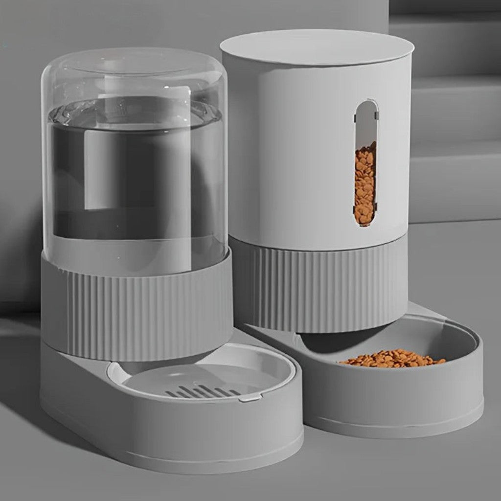 Distributeur Esprit Chat par gravité pour nourriture et eau, en plastique gris avec réservoirs transparents