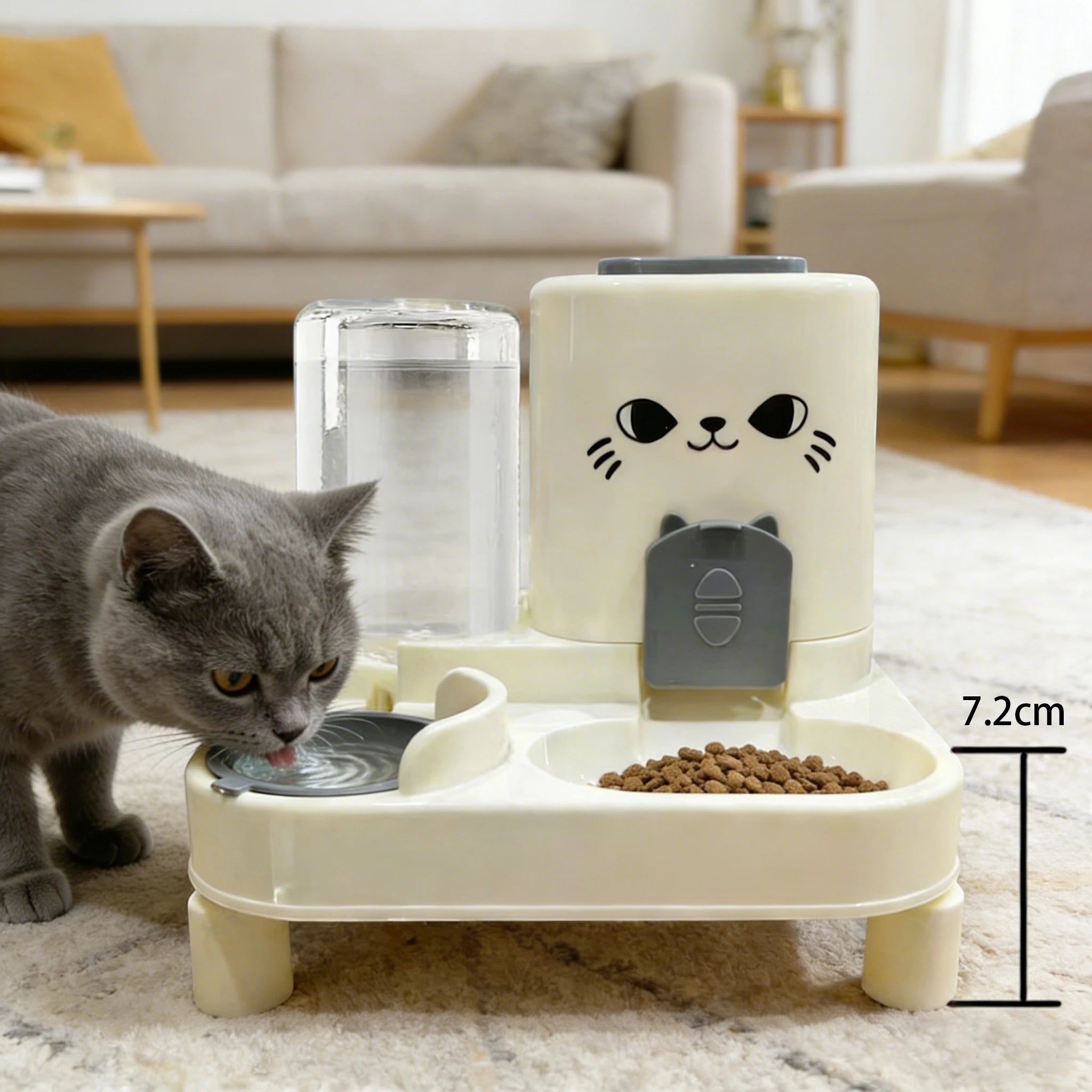 Distributeur Esprit Chat surélevé en plastique crème avec fontaine à eau et gamelle de croquettes pour chat