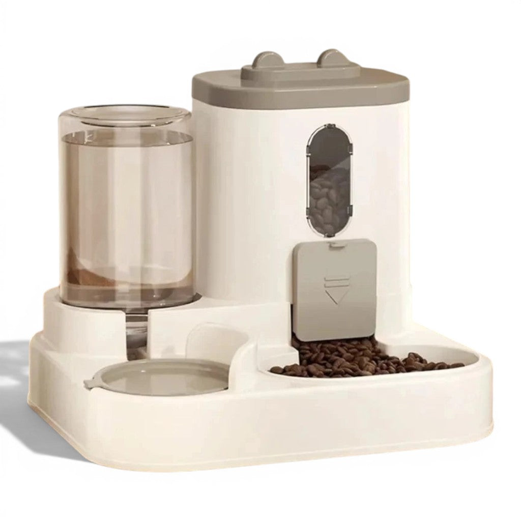 Distributeur de croquettes et eau 2 en 1 Esprit Chat en plastique blanc et gris avec système par gravité