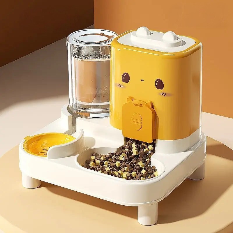 Distributeur de croquettes et eau Esprit Chat jaune en plastique avec design mignon pour chat