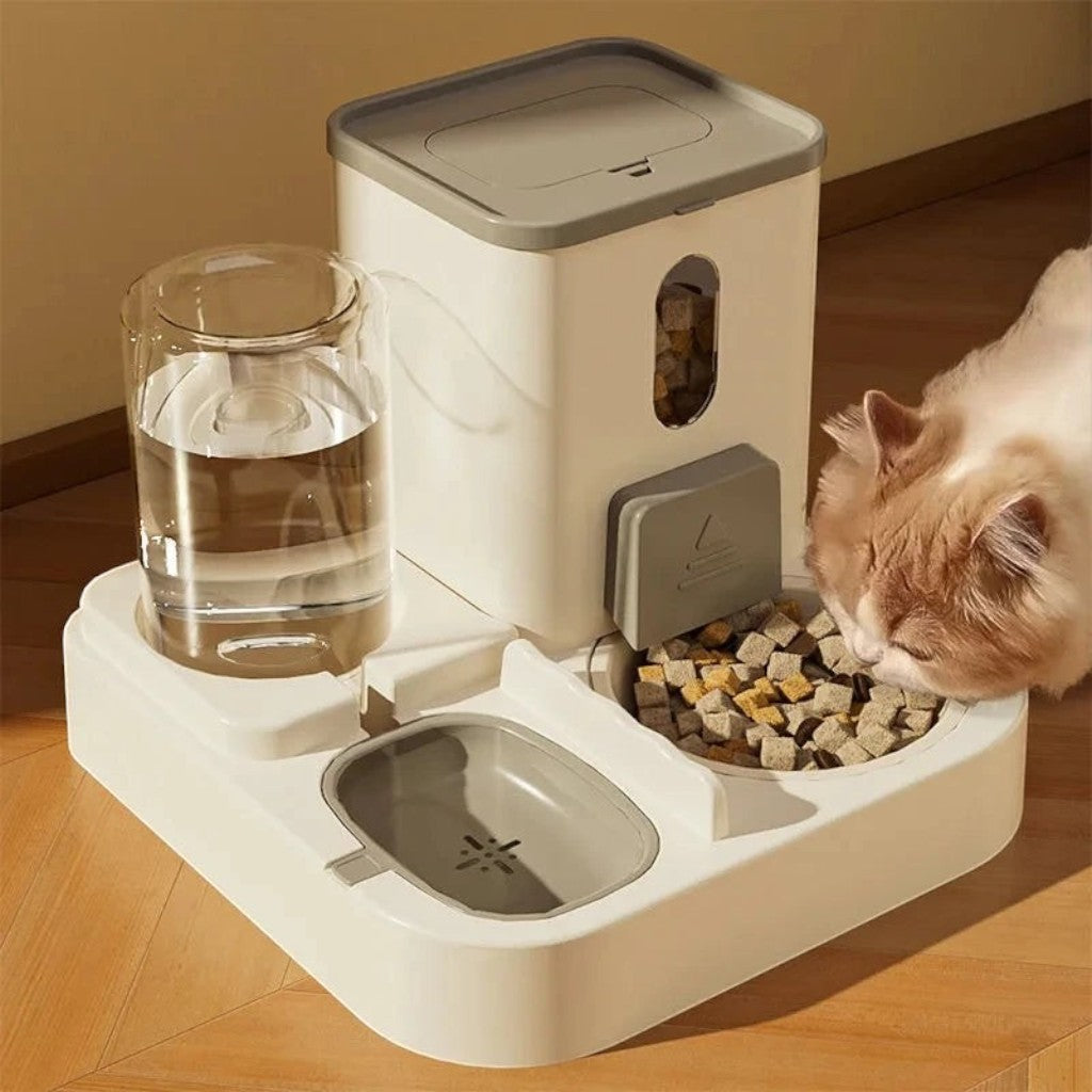 Distributeur de croquettes et eau 2 en 1 Esprit Chat en plastique blanc et gris pour chat mangeant ses croquettes
