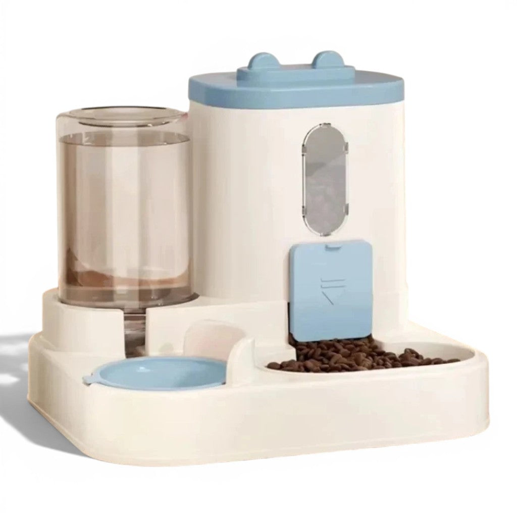 Distributeur Esprit Chat 2 en 1 automatique pour croquettes et eau, en plastique beige et bleu, design ergonomique.