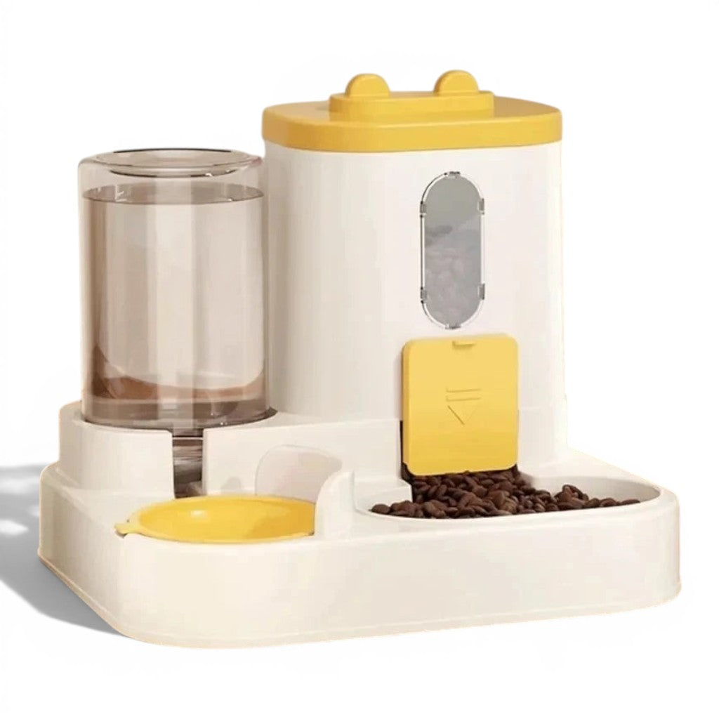Distributeur Esprit Chat 2 en 1 automatique avec réservoir d'eau et de croquettes en plastique blanc et jaune