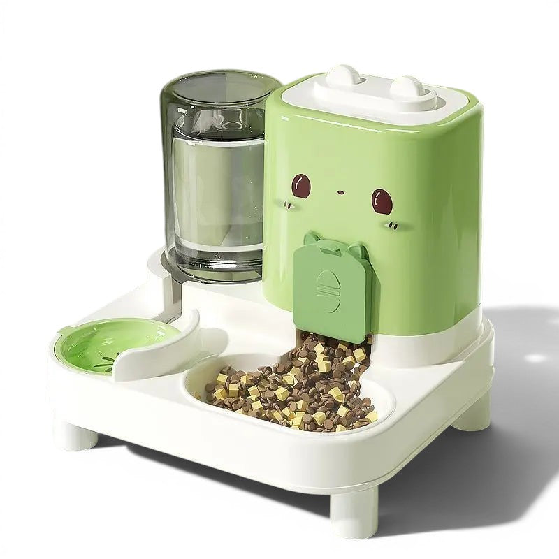 Distributeur de nourriture et eau Esprit Chat vert et blanc en plastique avec design mignon pour chat