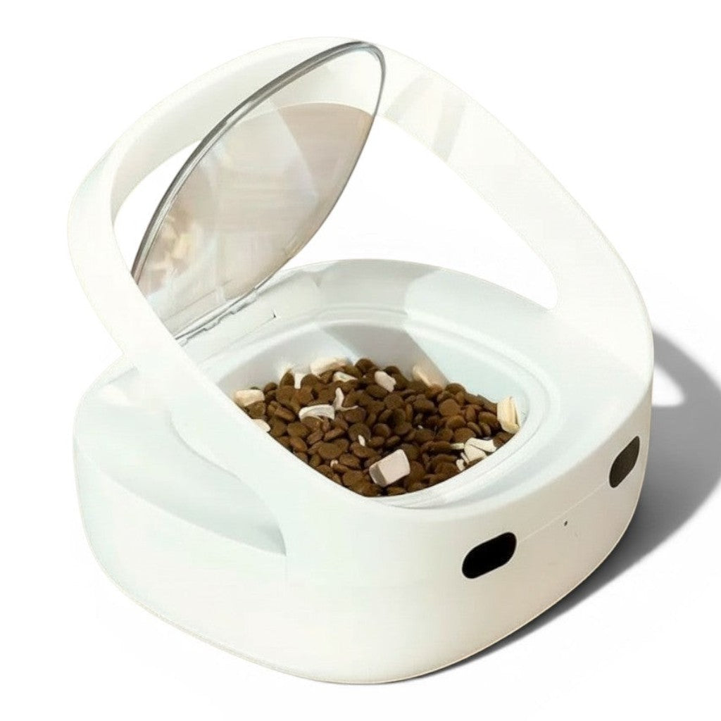 Distributeur automatique de croquettes Esprit Chat blanc en plastique avec couvercle transparent et capteur intelligent