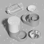 Distributeur de croquettes et eau Esprit Chat en plastique gris et blanc, vue éclatée des composants