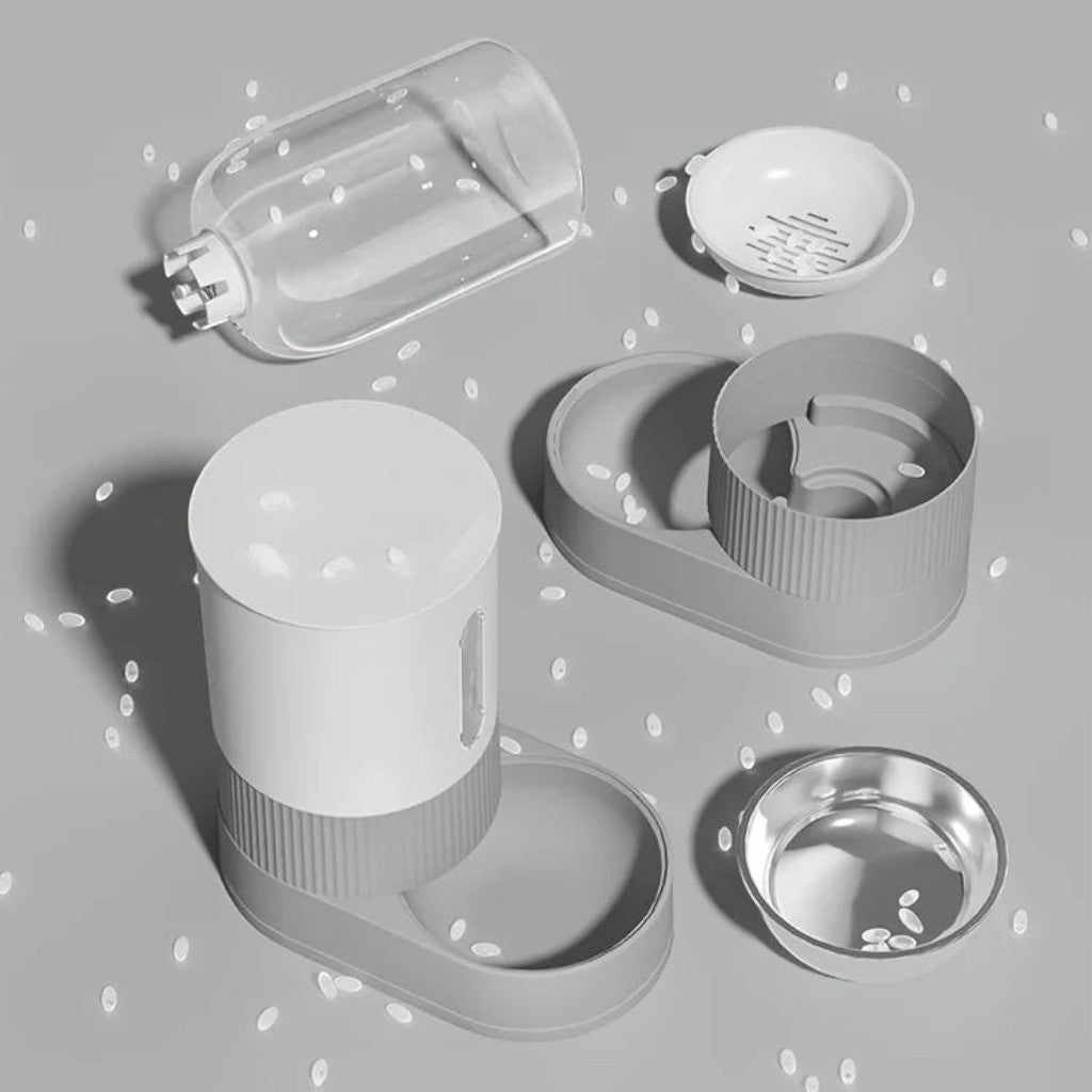Distributeur de croquettes et eau Esprit Chat en plastique gris et blanc, vue éclatée des composants
