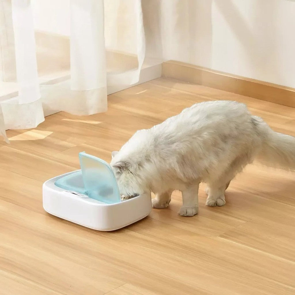Chat blanc mangeant dans un distributeur de croquettes programmable Esprit Chat en ABS blanc et bleu