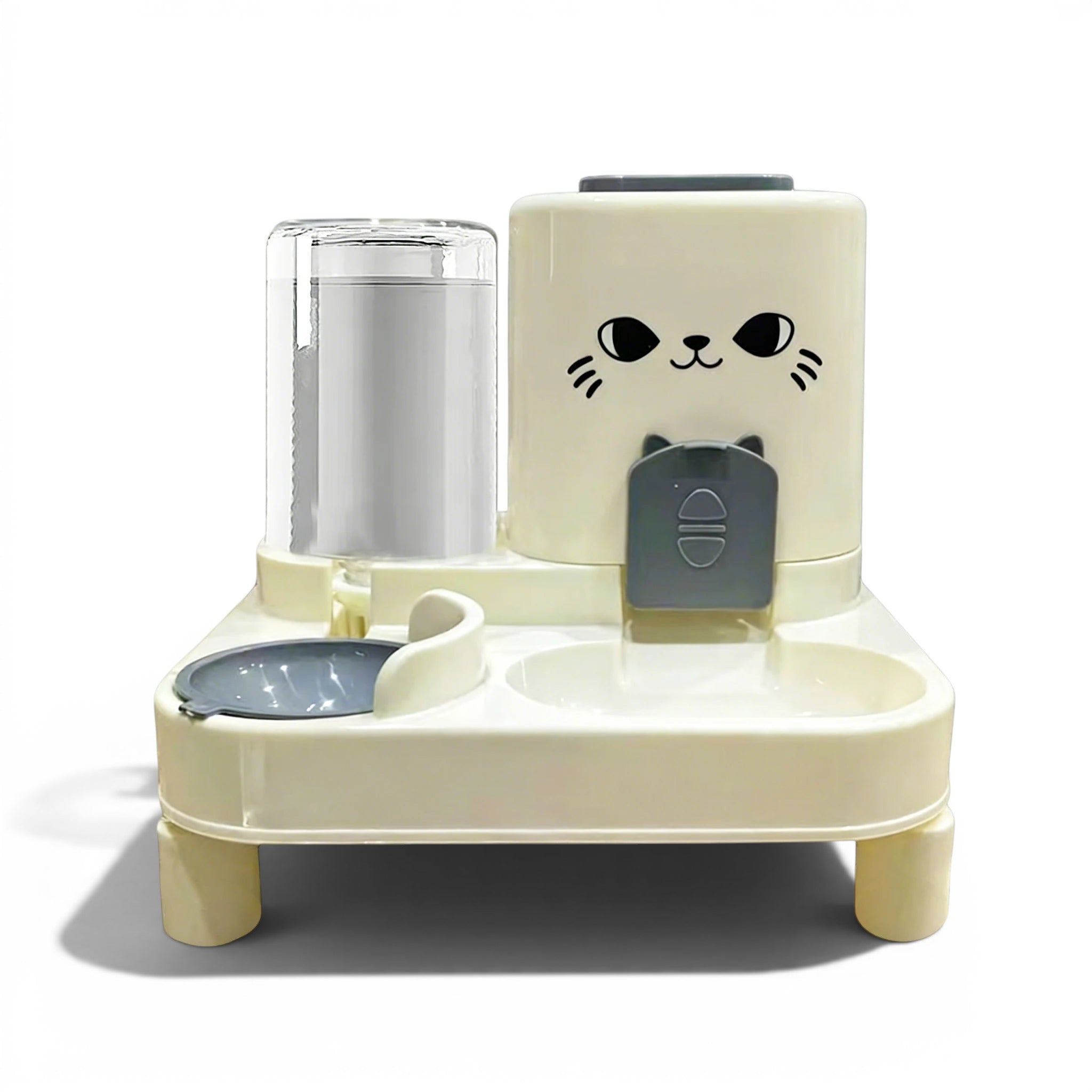 Distributeur de croquettes et eau Esprit Chat surélevé en plastique crème avec design de visage de chat mignon