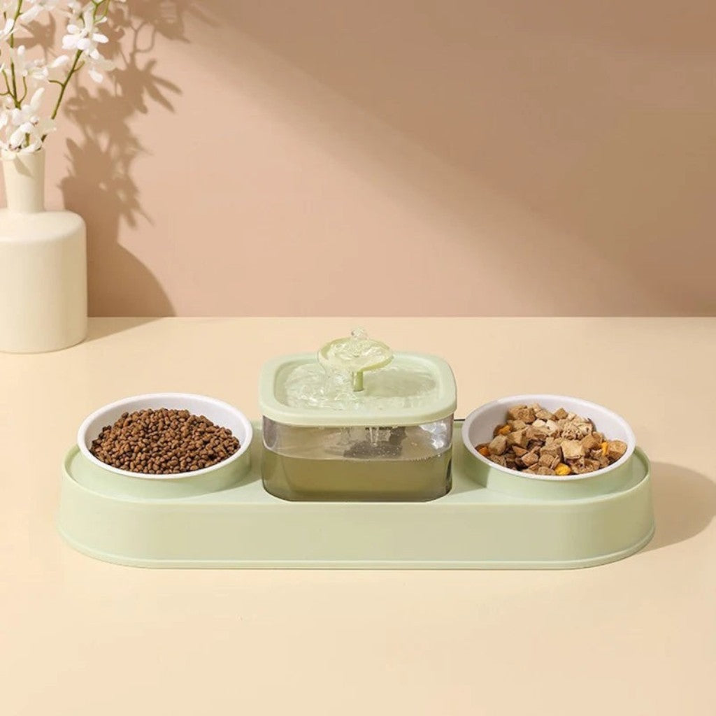 Distributeur Esprit Chat avec deux bols en acier inoxydable et fontaine à eau intégrée de couleur vert pastel