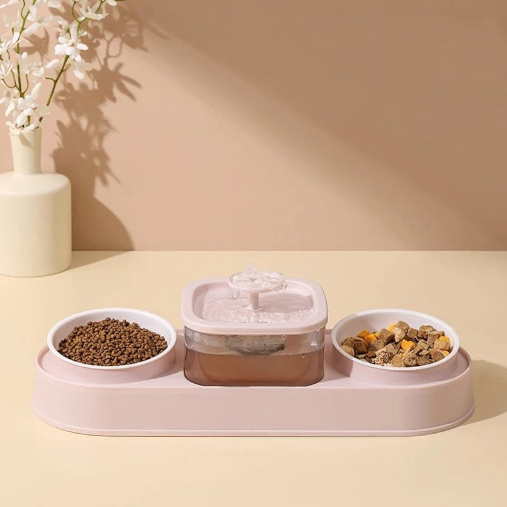 Distributeur Esprit Chat avec fontaine à eau et deux bols en acier inoxydable pour nourriture sèche et humide