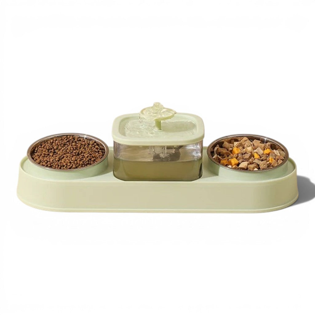 Distributeur Esprit Chat avec deux bols en acier inoxydable et fontaine à eau intégrée de couleur vert pastel
