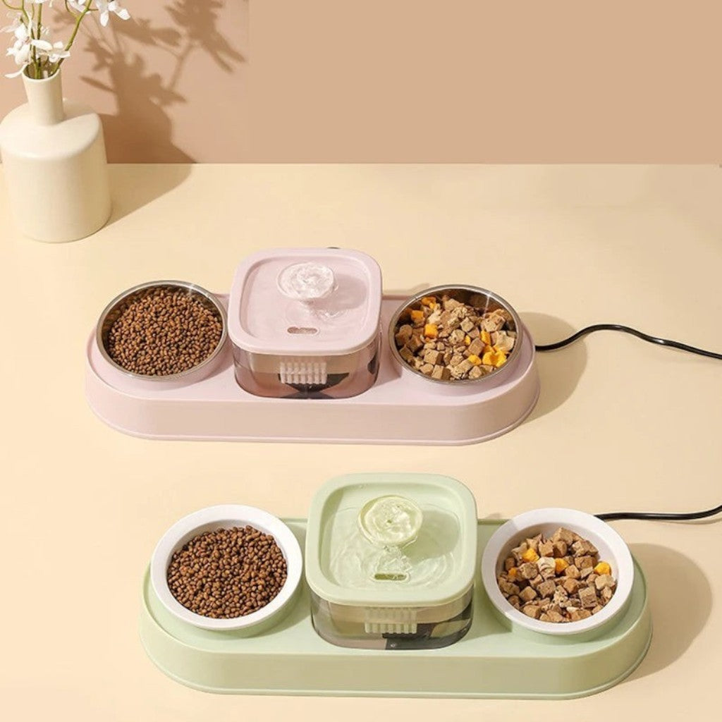 Distributeur d'eau et nourriture Esprit Chat avec bols en acier inoxydable pour chats en rose et vert pastel