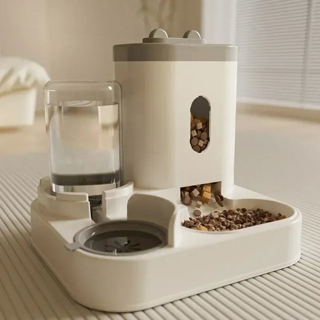 Distributeur de nourriture et d'eau Esprit Chat en plastique blanc et gris pour chat avec réservoir intégré