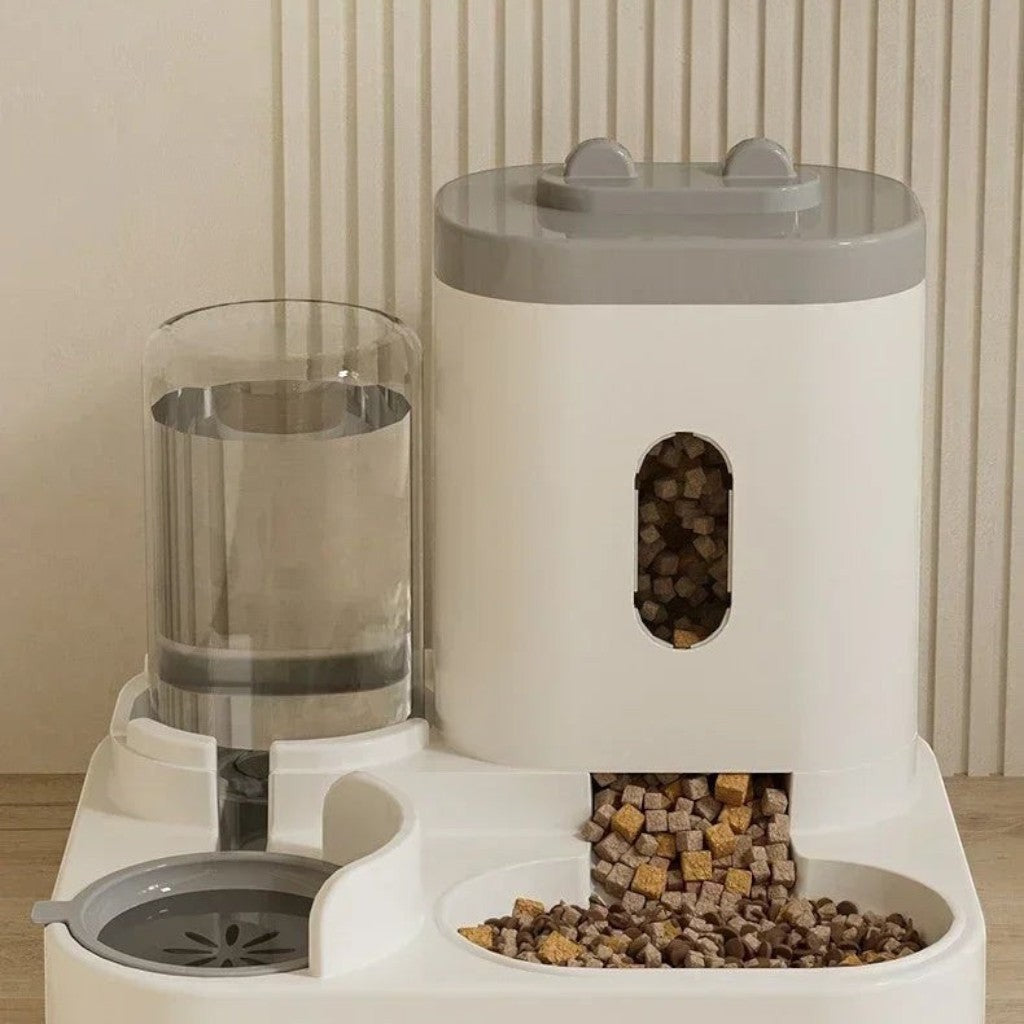 Distributeur de nourriture et d'eau Esprit Chat en plastique blanc et gris pour chat avec réservoir transparent