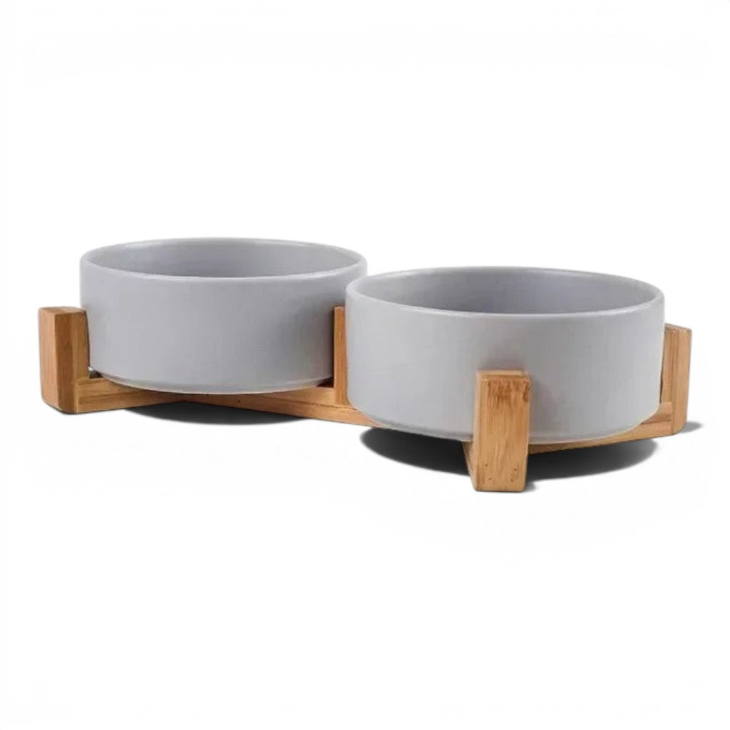 Double bol Esprit Chat en céramique grise sur support en bois surélevé pour chat ou petit chien