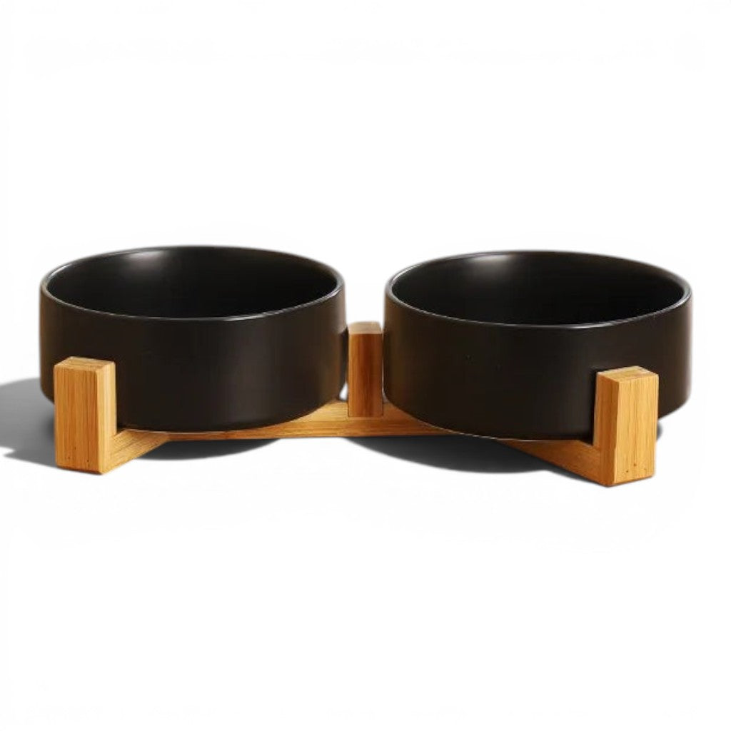 Double bol Esprit Chat noir en céramique sur support en bois surélevé pour chat ou petit chien
