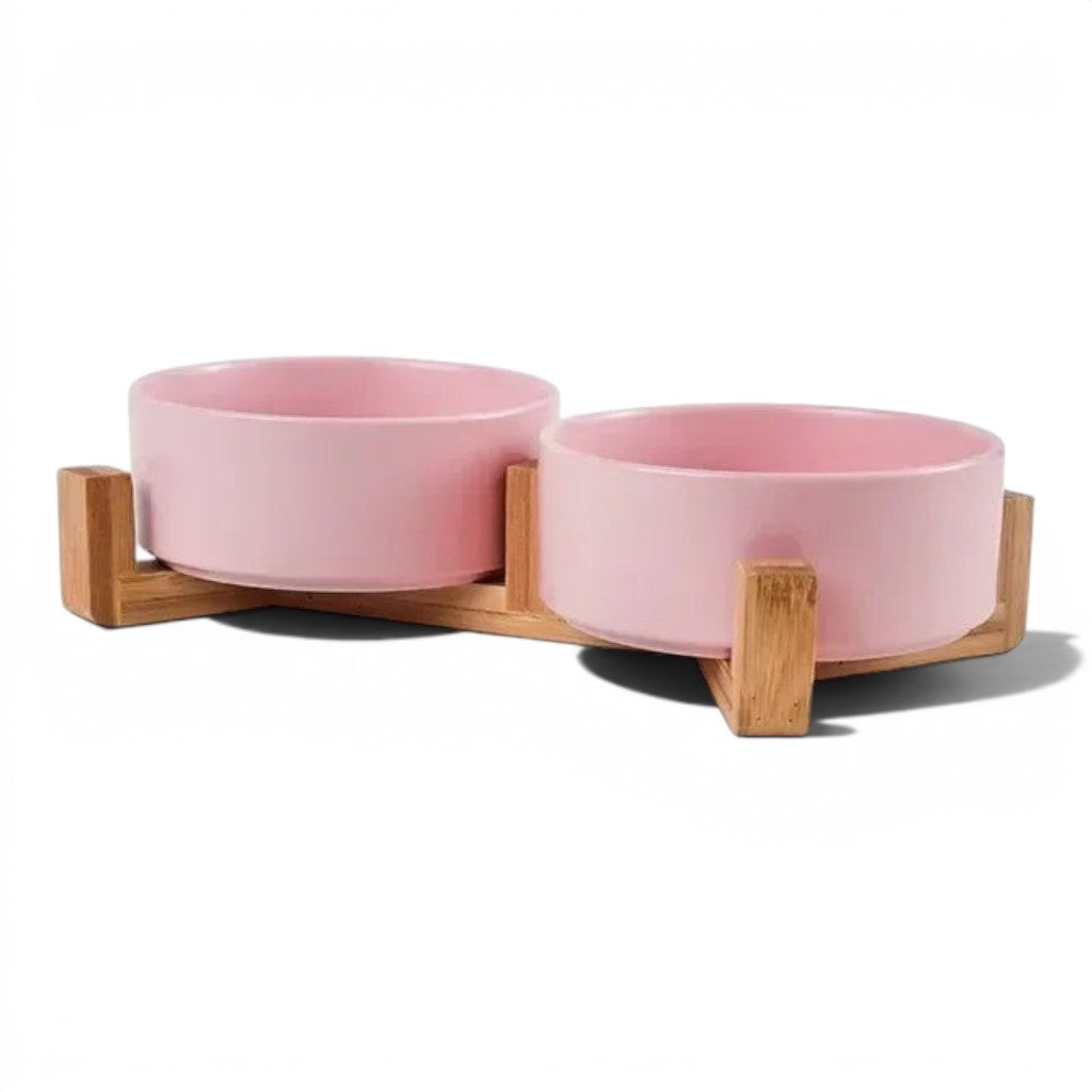 Double bol Esprit Chat en céramique rose sur support en bois surélevé pour chat ou petit chien