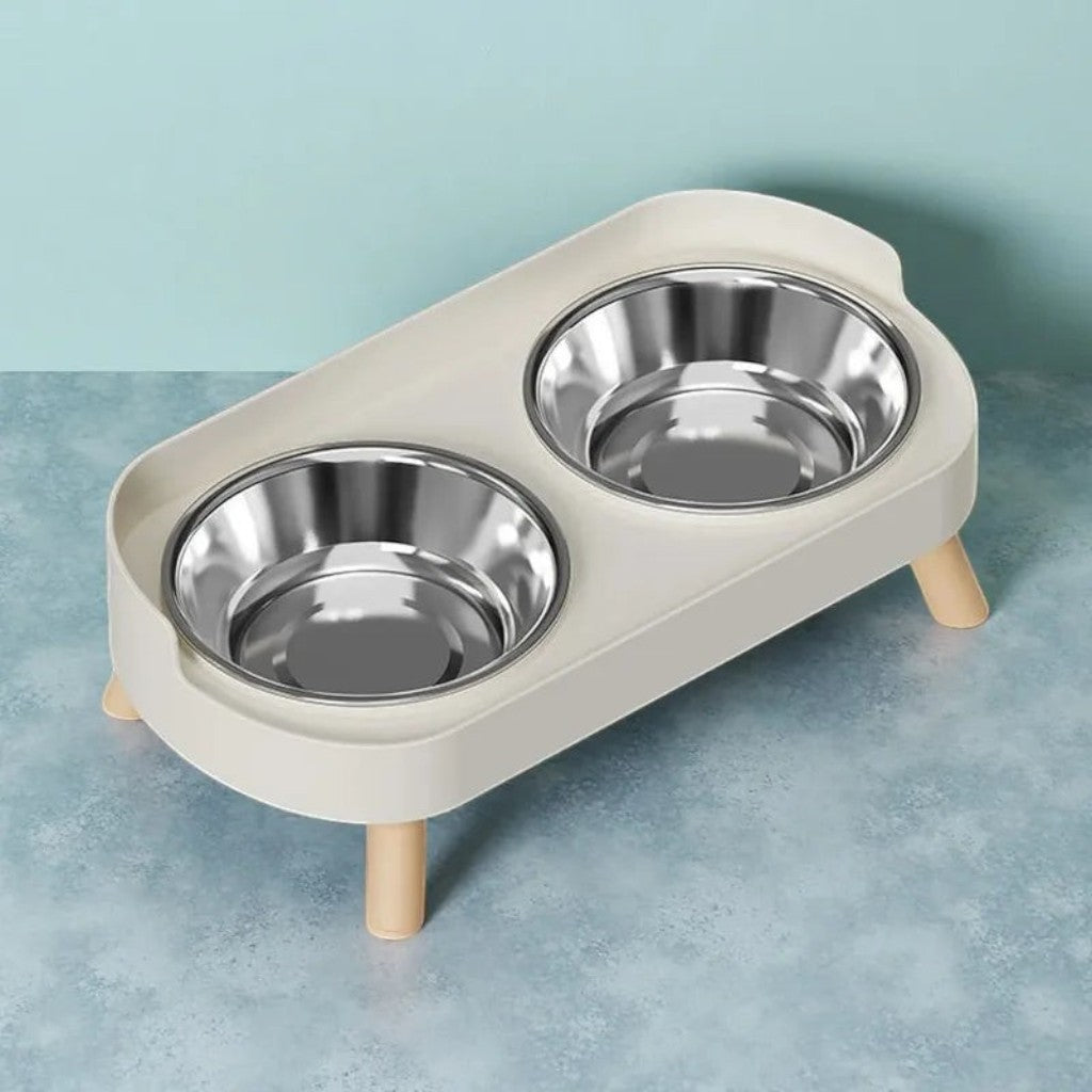 Double bol Esprit Chat surélevé avec bols en acier inoxydable et pieds en bois pour le confort du cou du chat