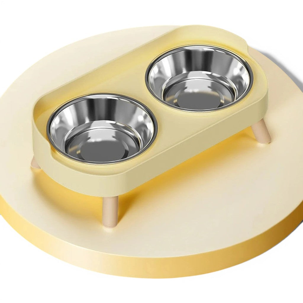 Double bol Esprit Chat surélevé avec supports en bois et gamelles en acier inoxydable pour le confort du cou du chat