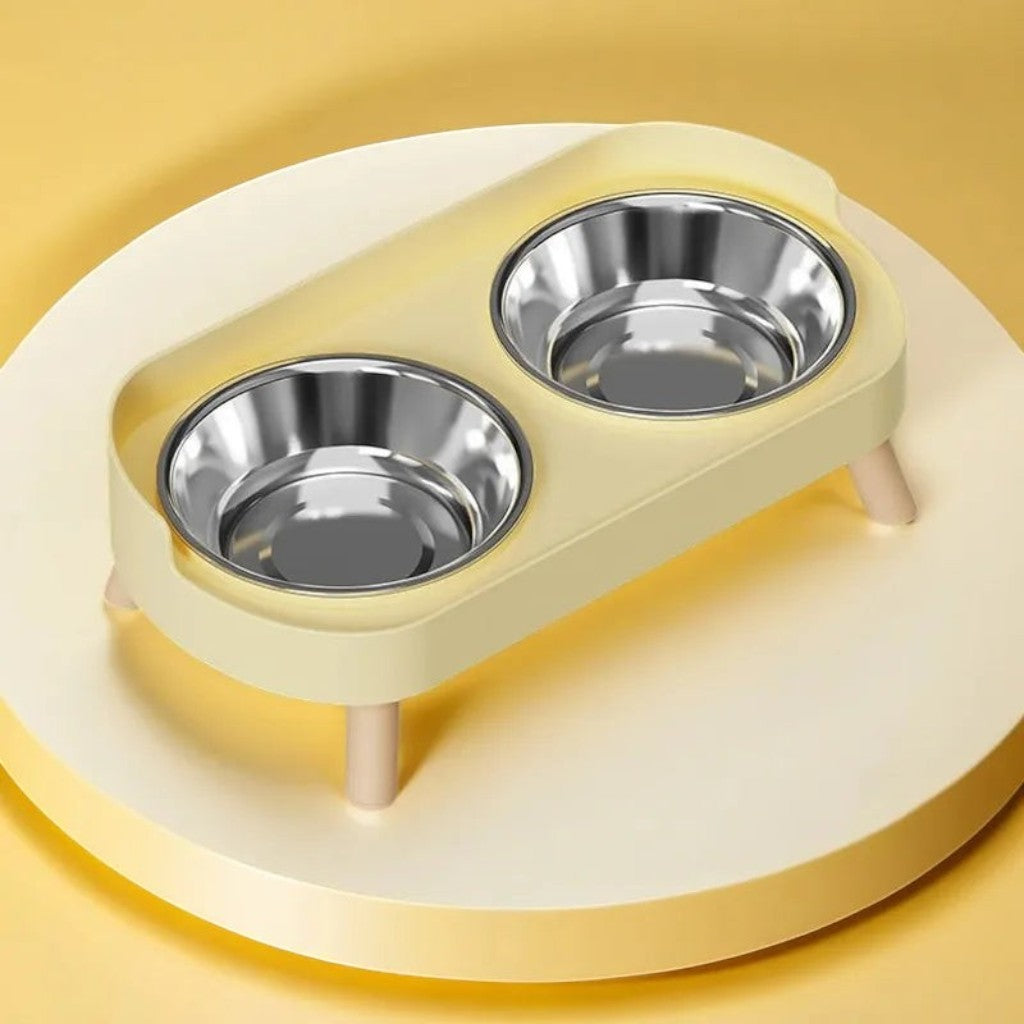 Double bol Esprit Chat surélevé avec gamelles en acier inoxydable et support crème pour le confort du cou du chat