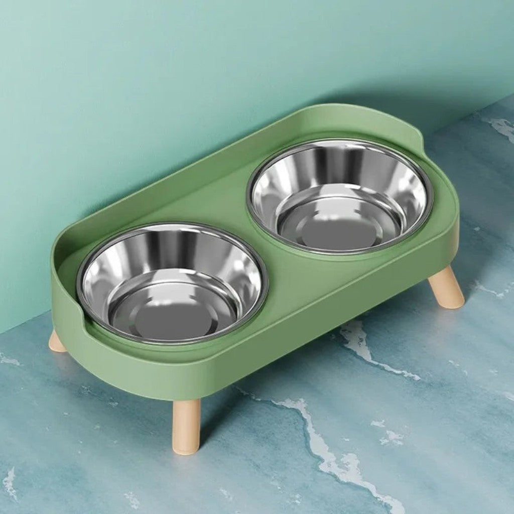 Double bol Esprit Chat surélevé vert avec deux gamelles en acier inoxydable et pieds en bois pour le confort du chat