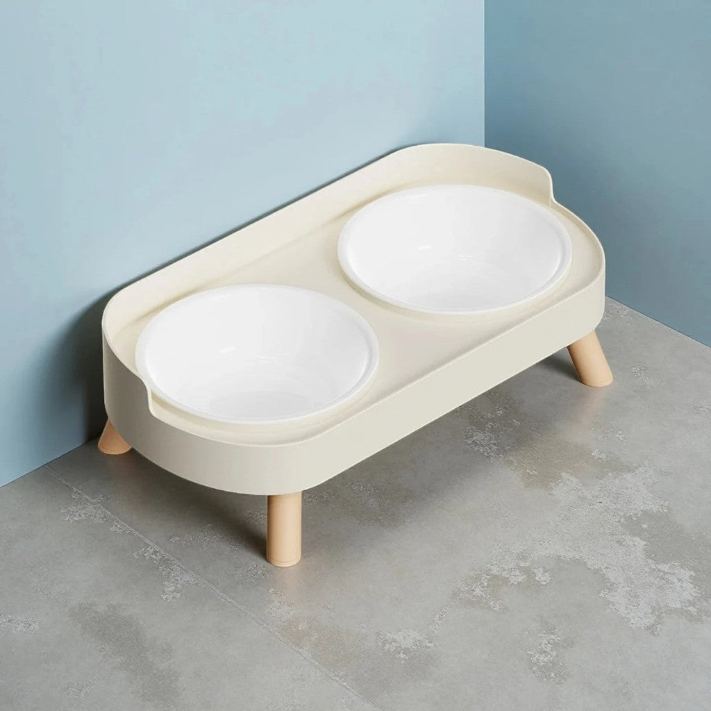 Double bol Esprit Chat surélevé crème avec pieds en bois pour le confort cervical des chats et petits chiens