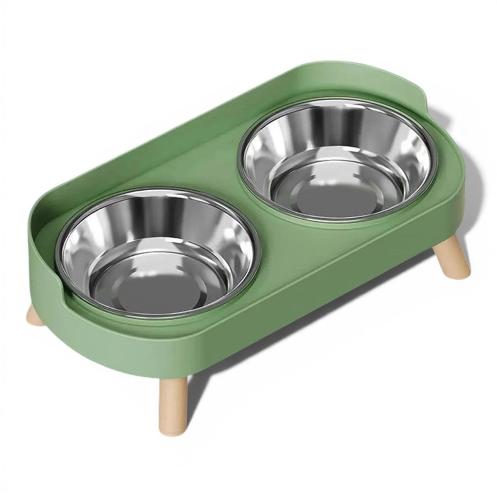 Double bol Esprit Chat surélevé vert avec deux gamelles en acier inoxydable et pieds en bois pour chat