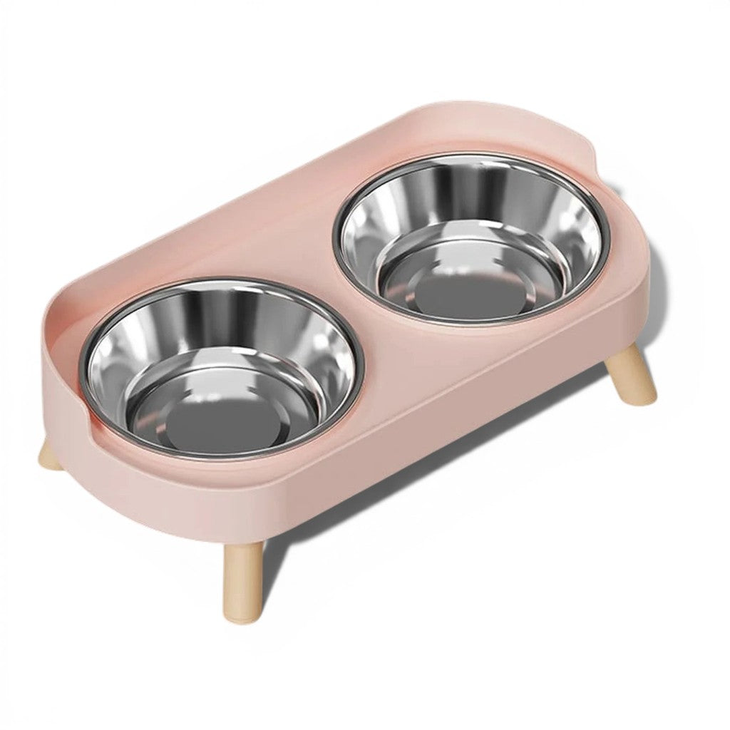 Double gamelle Esprit Chat surélevée rose avec bols en acier inoxydable et pieds en bois pour le confort du chat