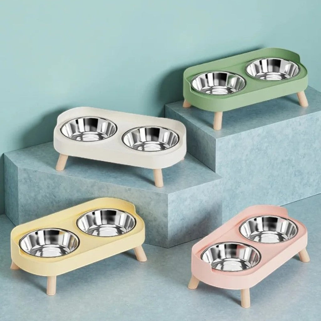 Ensemble de doubles gamelles surélevées Esprit Chat avec bols en acier inoxydable et pieds en bois colorés
