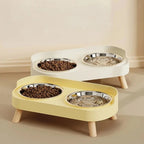 Double gamelles Esprit Chat surélevées en acier inoxydable avec support en plastique crème et jaune pour chat