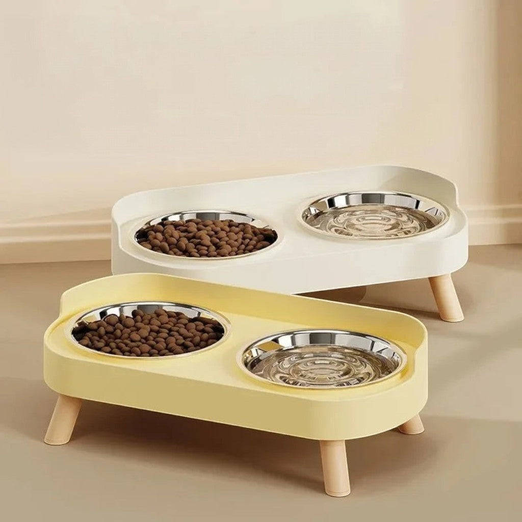 Double gamelles Esprit Chat surélevées en acier inoxydable avec support en plastique crème et jaune pour chat