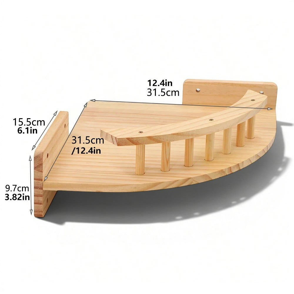 Étagère murale pour chat Esprit Chat en bois naturel avec garde-corps, vue technique avec dimensions
