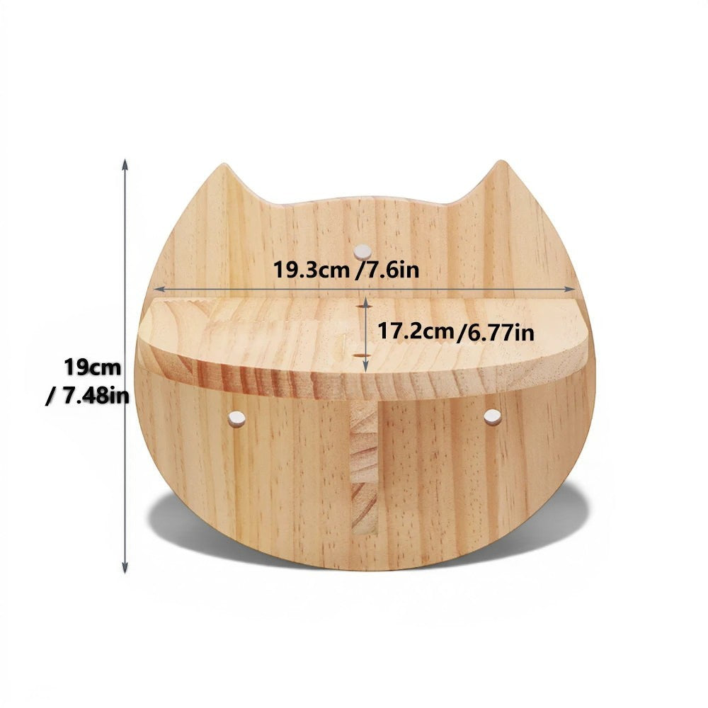 Étagère murale Esprit Chat en bois naturel en forme de tête de chat avec dimensions indiquées