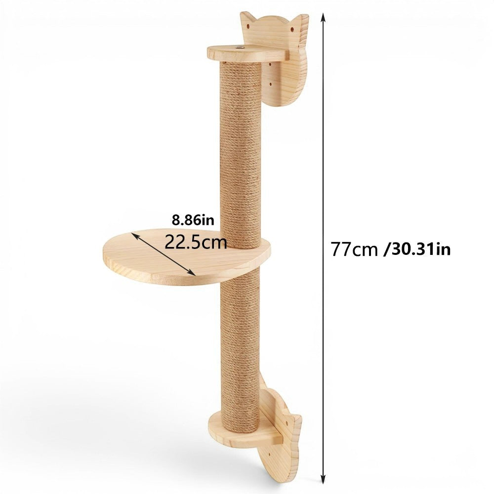 Étagère murale pour chat Esprit Chat en bois naturel avec poteau à griffer en sisal et plateforme de repos