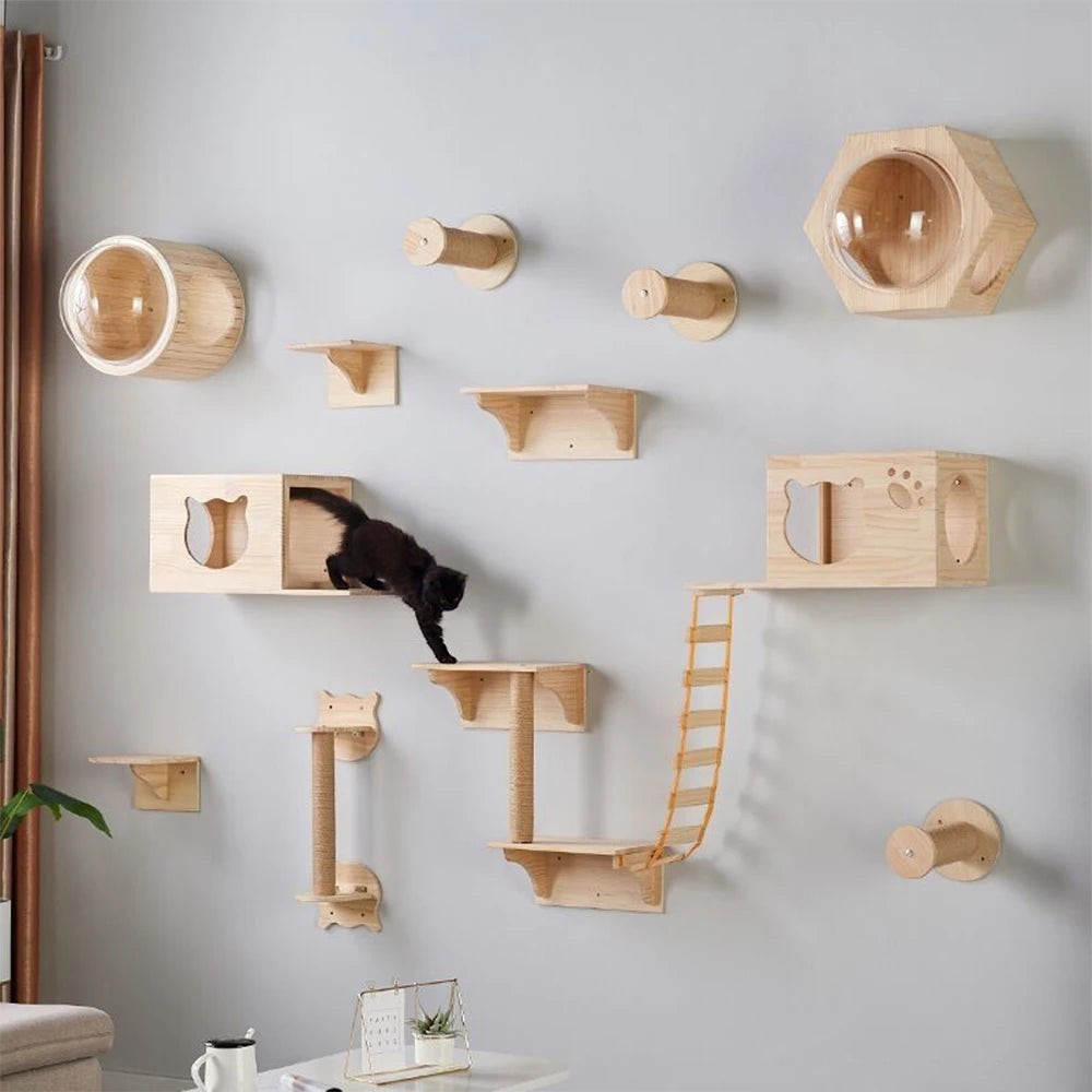 Ensemble d'étagères murales Esprit Chat en bois naturel pour arbre à chat avec perchoirs, tunnel et capsule transparente